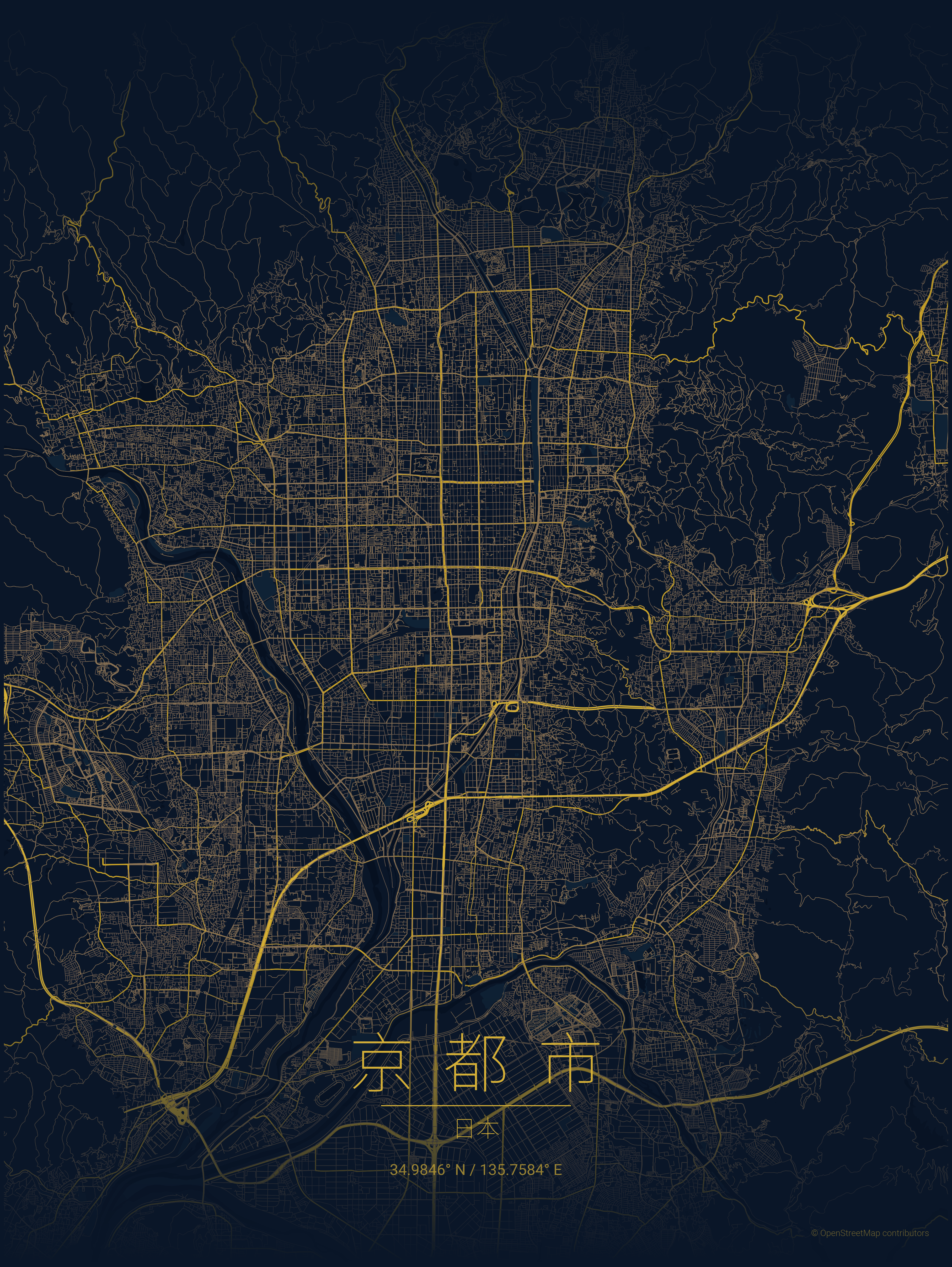 Kyoto Midnight Blue Map Poster