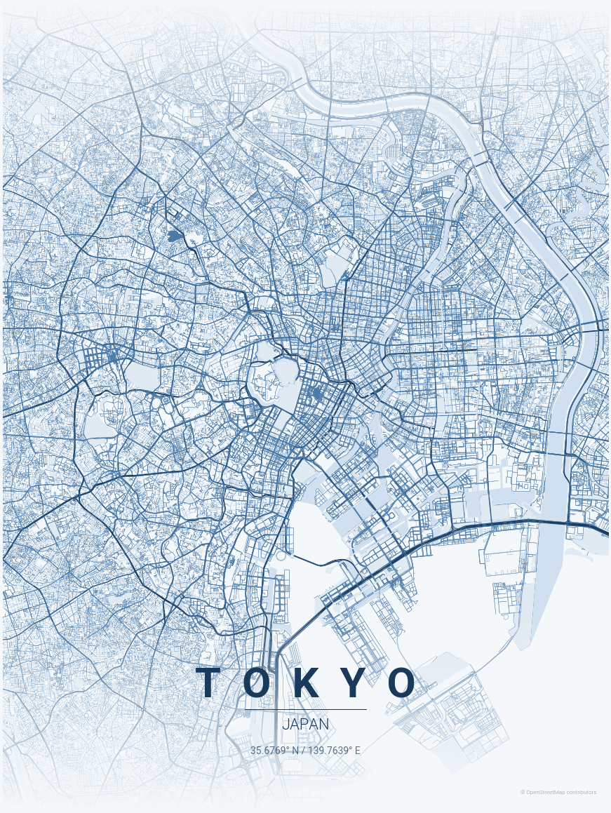 Tokyo Monochrome Blue Style Map Poster